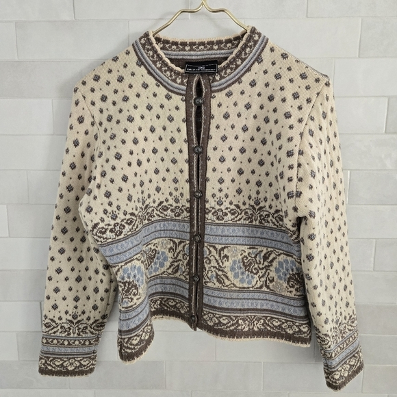 Dale of Norway 100% Wool Beige Blue Ivory Cream Brown Cardigan Sweater Small - Picture 1 of 12
